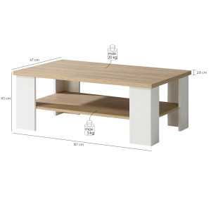 Table basse rectangulaire 107 cm blanc mat et 2 plateaux décor bois clair - Collection LEANE