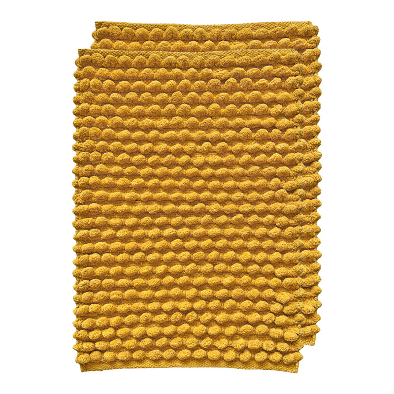 Lot de 2 Tapis de Salle de Bain Rectangulaire 40 x 60 cm en Coton avec Mini Pompon Jaune Moutarde - MARIE