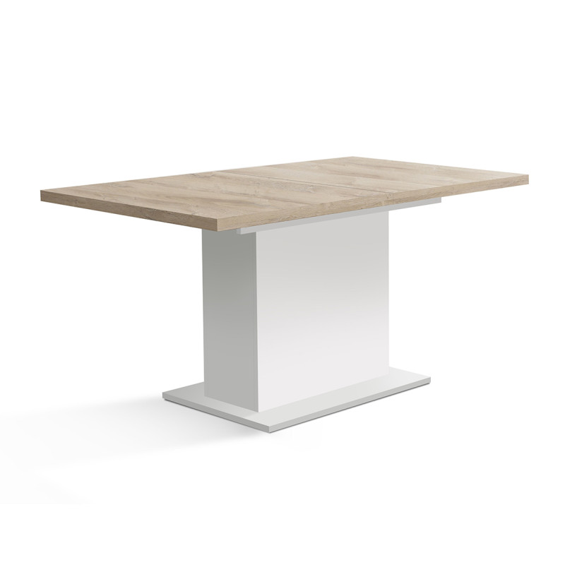 Table de repas extensible 160 à 200 cm blanc mat et plateau décor bois clair - Collection LEANE