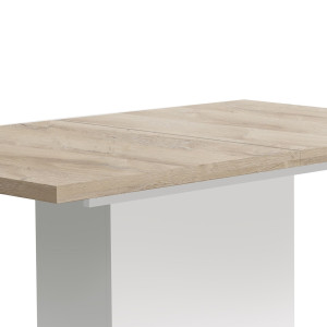 Table de repas extensible 160 à 200 cm blanc mat et plateau décor bois clair - Collection LEANE