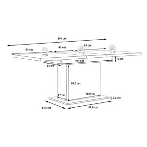 Table de repas extensible 160 à 200 cm blanc mat et plateau décor bois clair - Collection LEANE