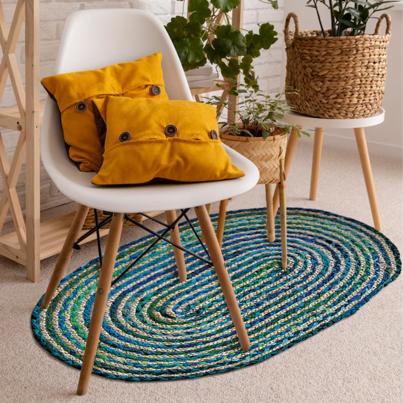 Tapis Ovale 60 x 90 cm Tressage en Jute et Tissu Bleu / Vert - Style Naturel Traditionnel Indien - CLOPIN