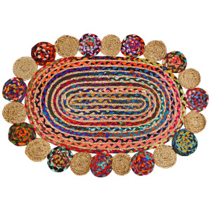 Tapis Ovale 65 x 90 cm Tressage en Jute et Tissu Multicolore - Style Naturel Traditionnel Indien - QUASI