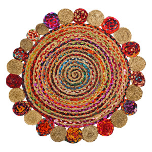 Tapis Rond 90 x 90 cm Tressage en Jute et Tissu Multicolore - Style Naturel Traditionnel Indien - DJALI