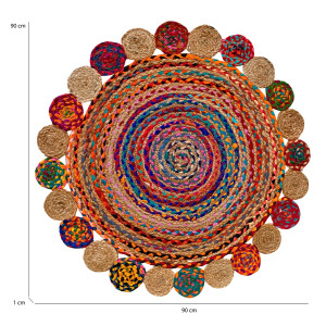 Tapis Rond 90 x 90 cm Tressage en Jute et Tissu Multicolore - Style Naturel Traditionnel Indien - DJALI