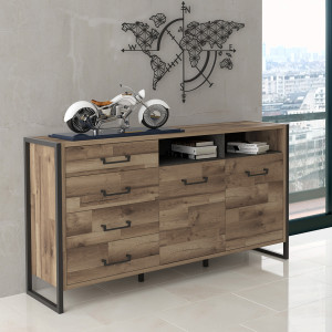 Buffet 169 cm 2 portes 4 tiroirs décor bois recyclé pieds et poignées métal noir - Collection APACHE