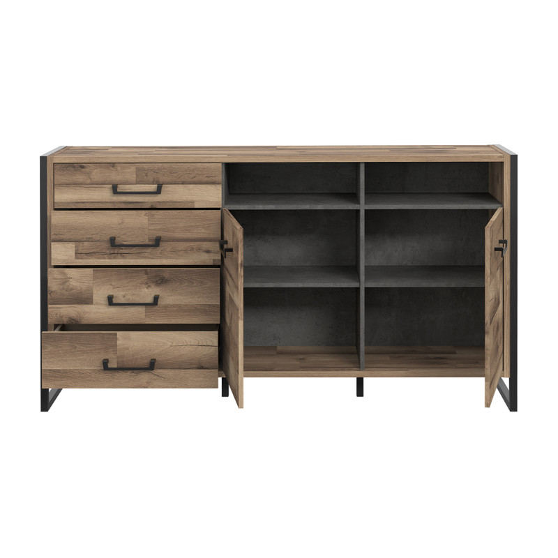 Buffet 169 cm 2 portes 4 tiroirs décor bois recyclé pieds et poignées métal noir - Collection APACHE