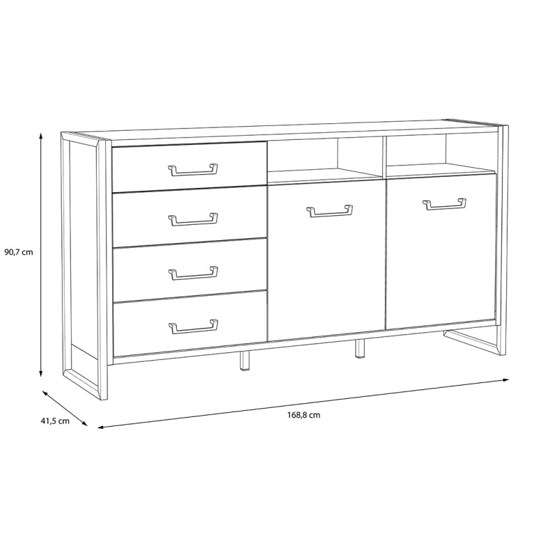 Buffet 169 cm 2 portes 4 tiroirs décor bois recyclé pieds et poignées métal noir - Collection APACHE