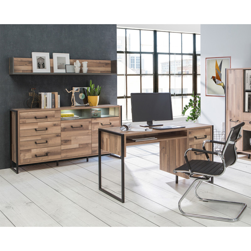 Buffet 169 cm 2 portes 4 tiroirs décor bois recyclé pieds et poignées métal noir - Collection APACHE