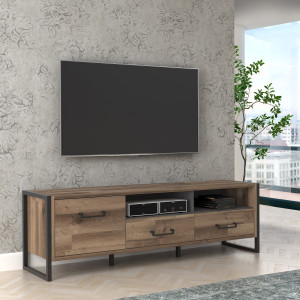 Meuble TV 1 porte 2 tiroirs décor bois recyclé pieds et poignées métal noir - Collection APACHE