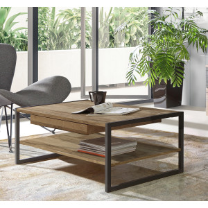 Table basse 110 cm 1 tiroir 2 plateaux décor bois recyclé pieds et poignées métal noir - Collection APACHE