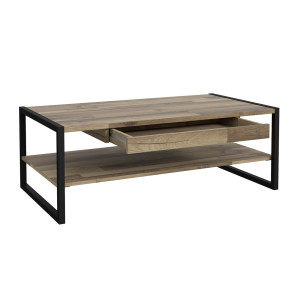 Table basse 110 cm 1 tiroir 2 plateaux décor bois recyclé pieds et poignées métal noir - Collection APACHE