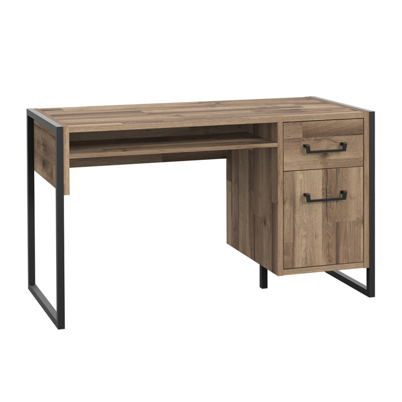 Bureau droit 129 cm 1 porte 1 tiroir décor bois recyclé pieds et poignées métal noir - APACHE