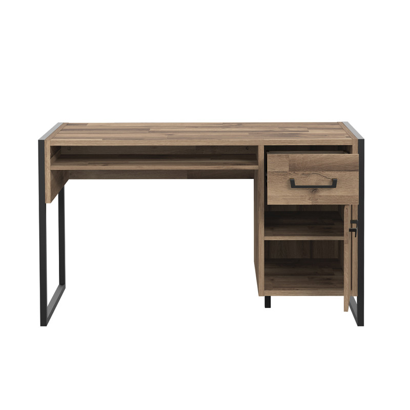 Bureau droit 129 cm 1 porte 1 tiroir décor bois recyclé pieds et poignées métal noir - APACHE