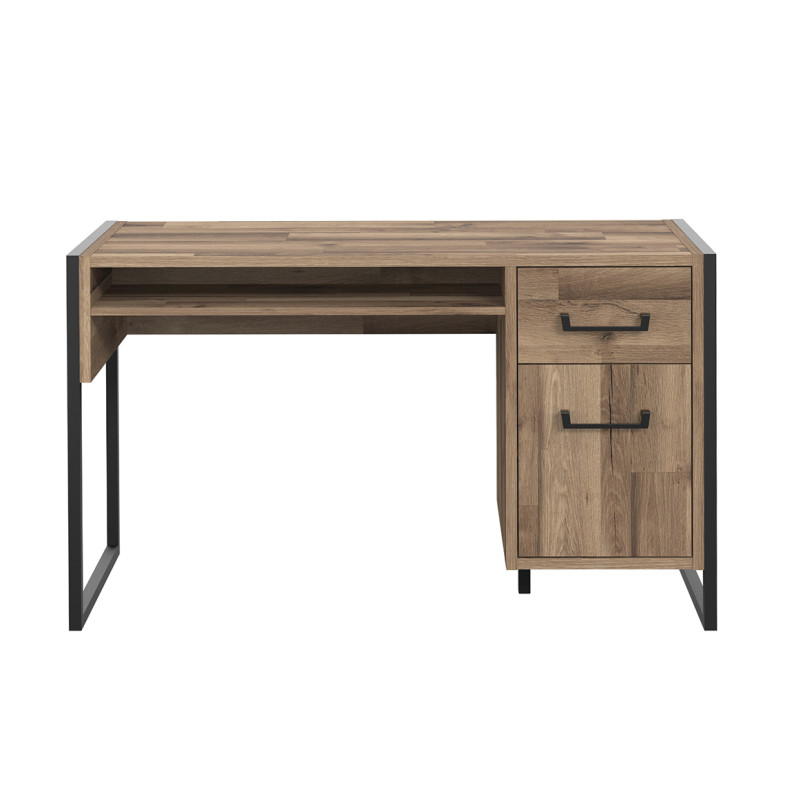 Bureau droit 129 cm 1 porte 1 tiroir décor bois recyclé pieds et poignées métal noir - APACHE