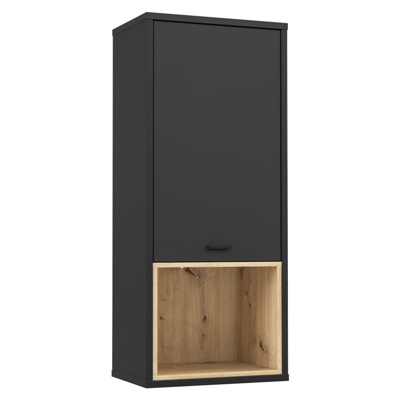 Armoire Murale 1 Porte Réversible Revêtement Décor Noir et Chêne Clair avec Poignée en Métal Noir - BAILEY