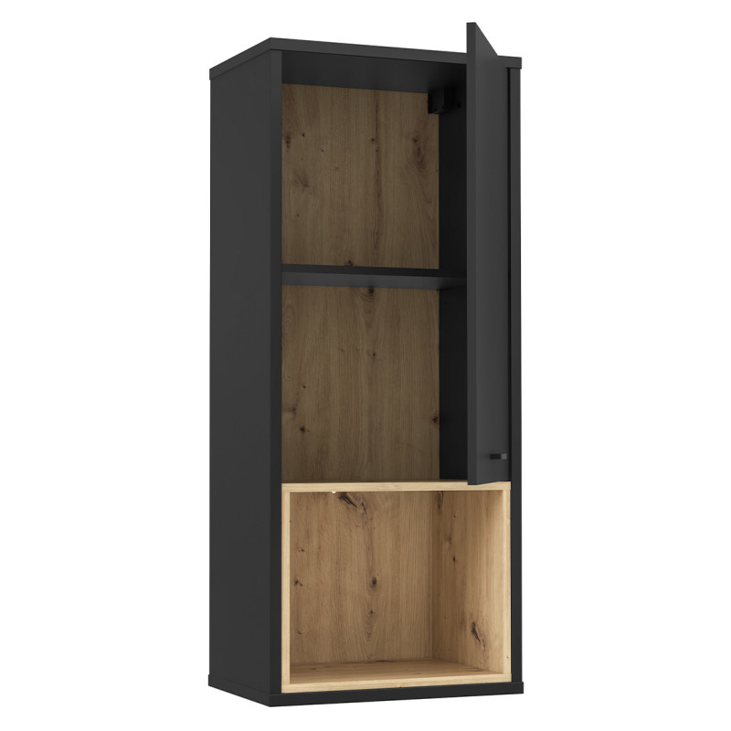 Armoire Murale 1 Porte Réversible Revêtement Décor Noir et Chêne Clair avec Poignée en Métal Noir - BAILEY