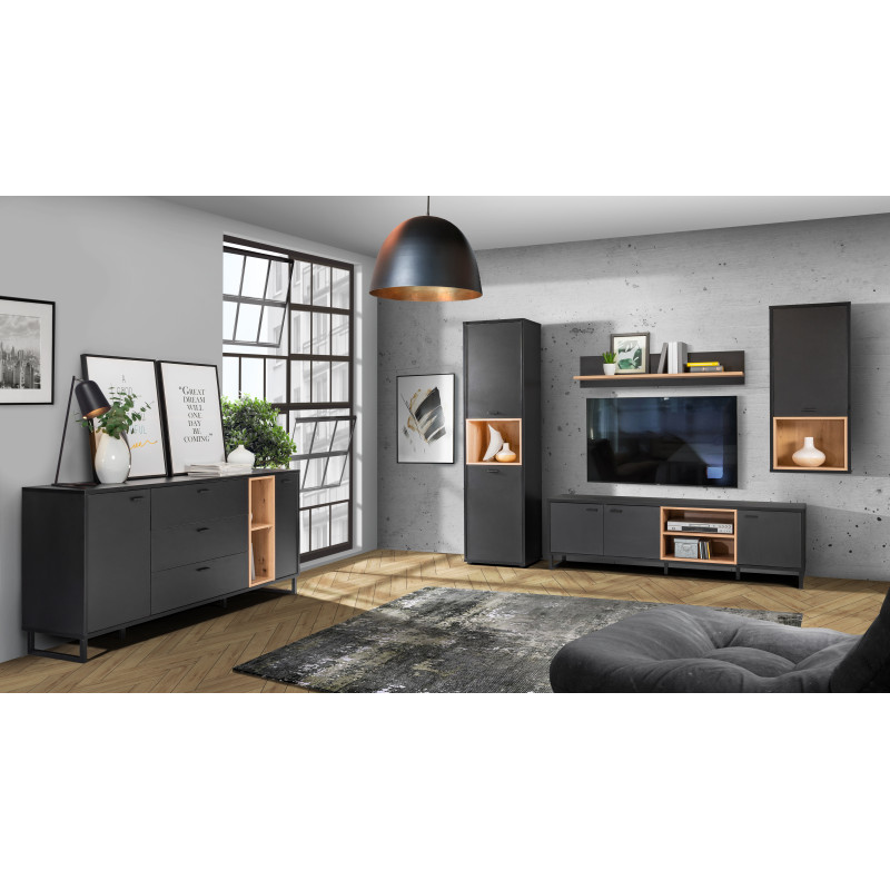 Armoire Murale 1 Porte Réversible Revêtement Décor Noir et Chêne Clair avec Poignée en Métal Noir - BAILEY