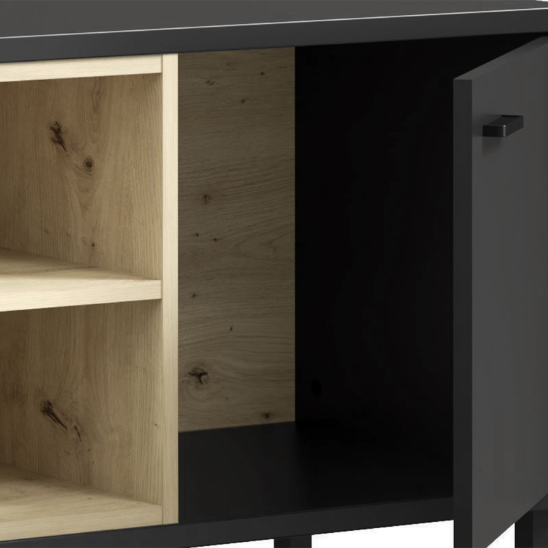 Meuble TV 2 Portes Revêtement Décor Noir et Chêne Clair avec Poignées en Métal Noir - BAILEY