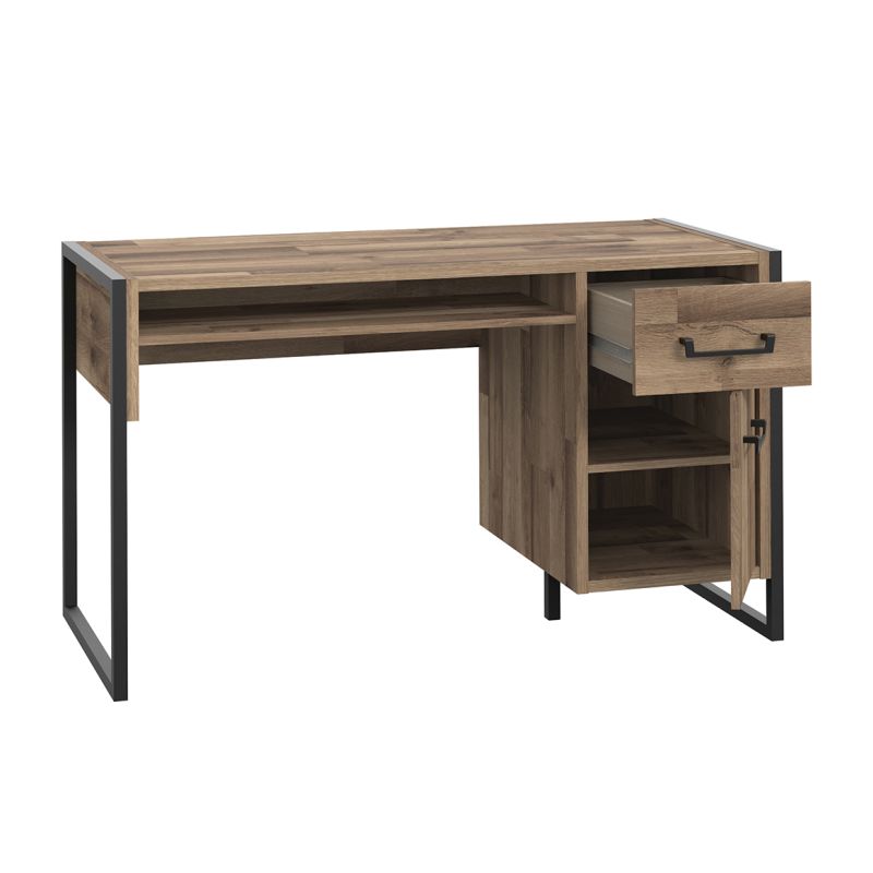 Bureau droit 129 cm 1 porte 1 tiroir décor bois recyclé pieds et poignées métal noir - APACHE