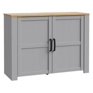 Buffet L116 cm 2 Portes Revêtement Décor Chêne Gris et Clair avec Poignées Noir - ANTIBES