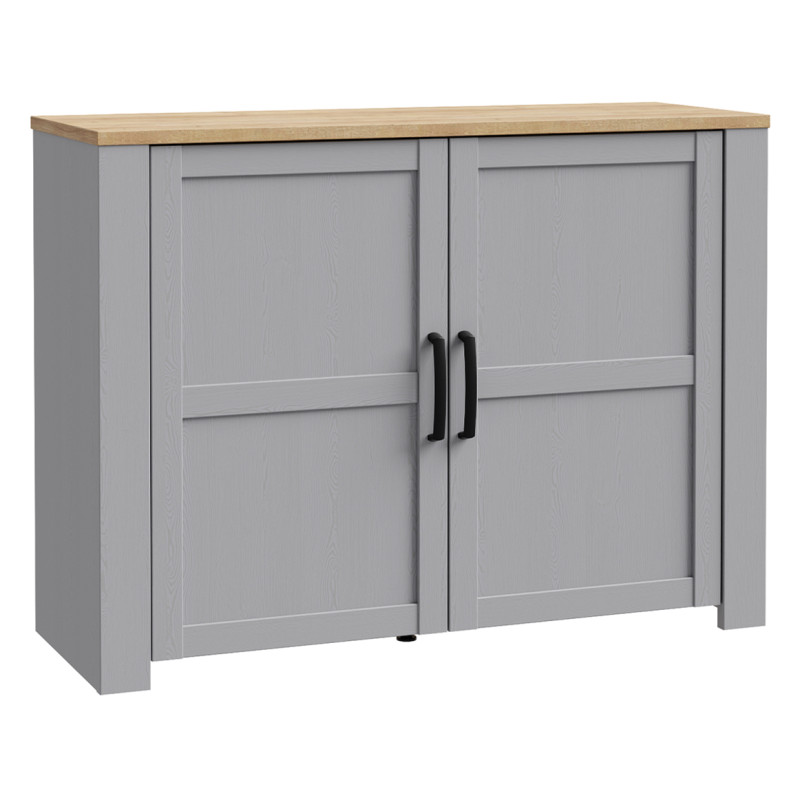 Buffet L116 cm 2 Portes Revêtement Décor Chêne Gris et Clair avec Poignées Noir - ANTIBES