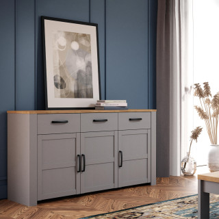 Buffet L166 cm 3 Tiroirs et 3 Portes Revêtement Décor Chêne Gris et Clair avec Poignées Noir - ANTIBES