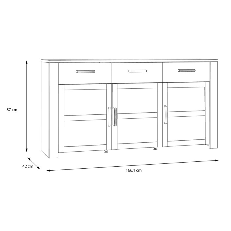 Buffet L166 cm 3 Tiroirs et 3 Portes Revêtement Décor Chêne Gris et Clair avec Poignées Noir - ANTIBES