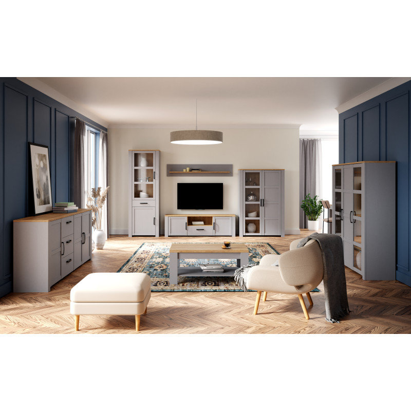 Buffet L166 cm 3 Tiroirs et 3 Portes Revêtement Décor Chêne Gris et Clair avec Poignées Noir - ANTIBES