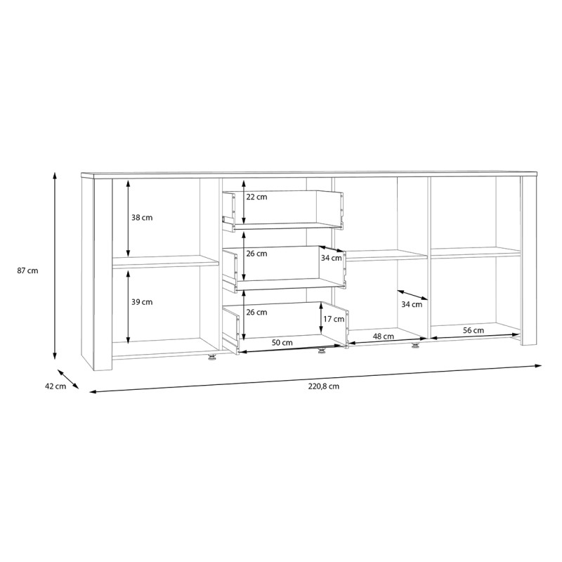Buffet L221 cm 3 Tiroirs et 3 Portes Revêtement Décor Chêne Gris et Clair avec Poignées Noir - ANTIBES