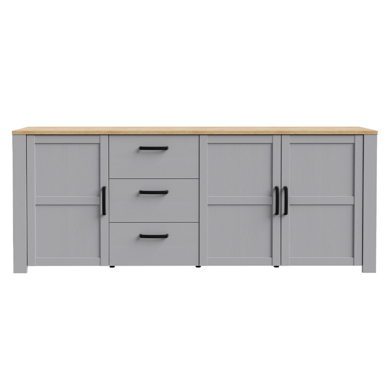 Buffet L221 cm 3 Tiroirs et 3 Portes Revêtement Décor Chêne Gris et Clair avec Poignées Noir - ANTIBES