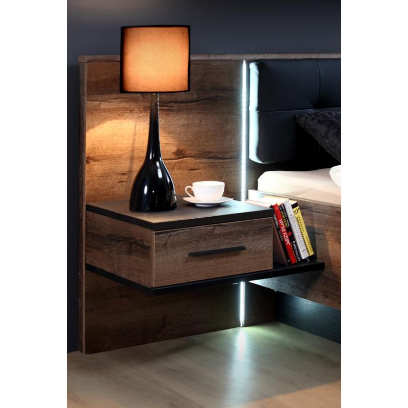 Lit double 160 x 200 décor chêne foncé et noir avec LED - RIVIERA