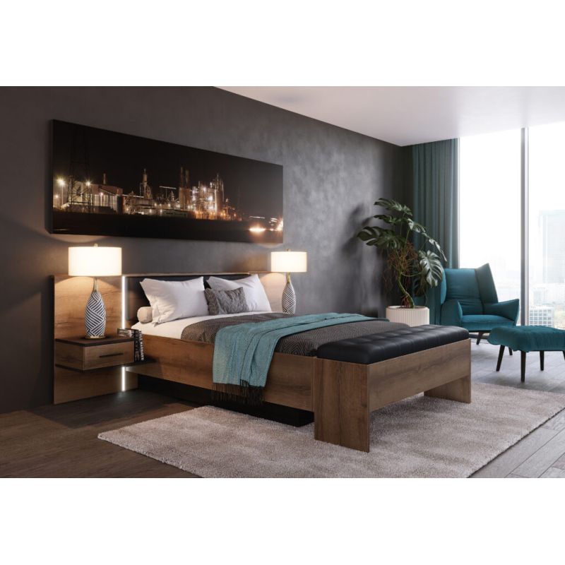 Lit double 160 x 200 décor chêne foncé et noir avec LED - RIVIERA