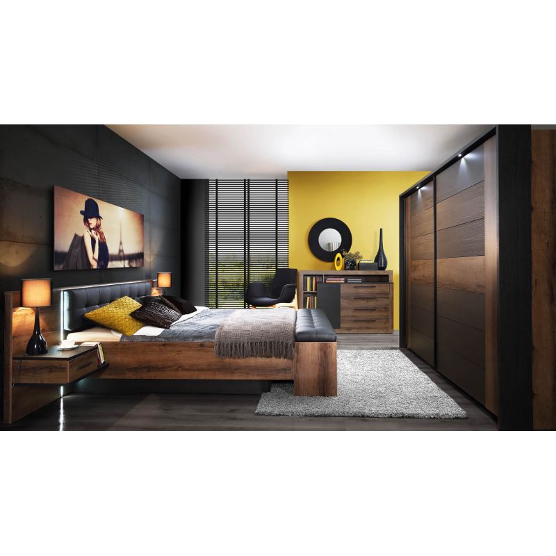 Lit double 160 x 200 décor chêne foncé et noir avec LED - RIVIERA
