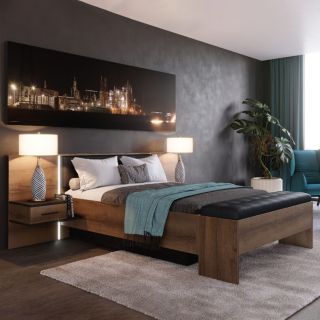 Lit double 180 x 200 décor chêne foncé et noir avec LED - RIVIERA