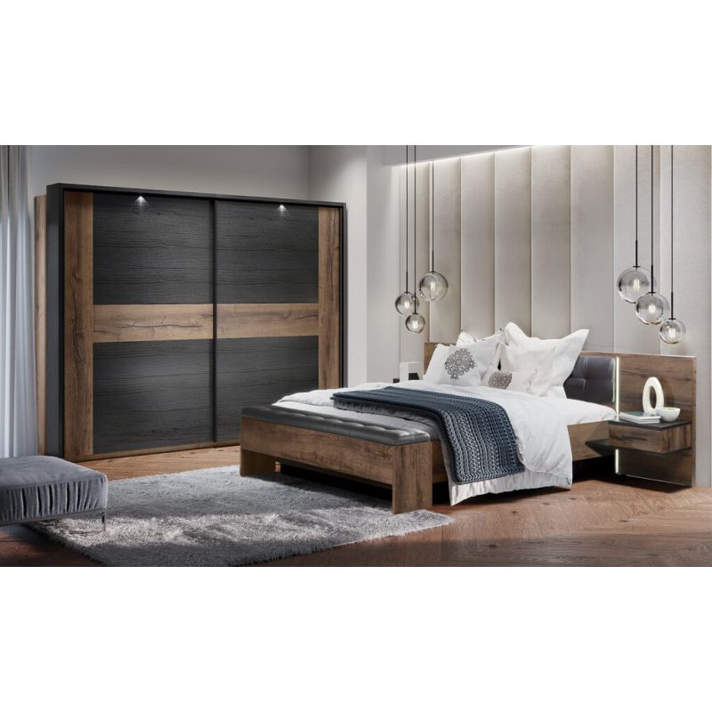 Lit double 180 x 200 décor chêne foncé et noir avec LED - RIVIERA