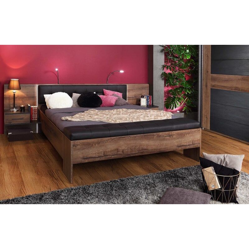 Lit double 180 x 200 décor chêne foncé et noir avec LED - RIVIERA