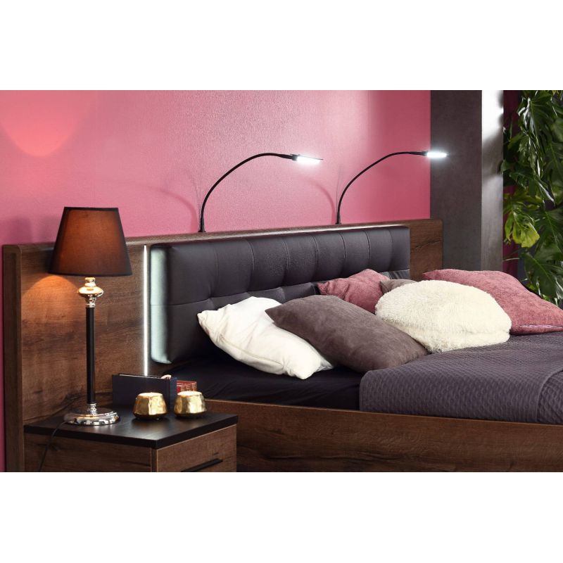 Lit double 180 x 200 décor chêne foncé et noir avec LED - RIVIERA