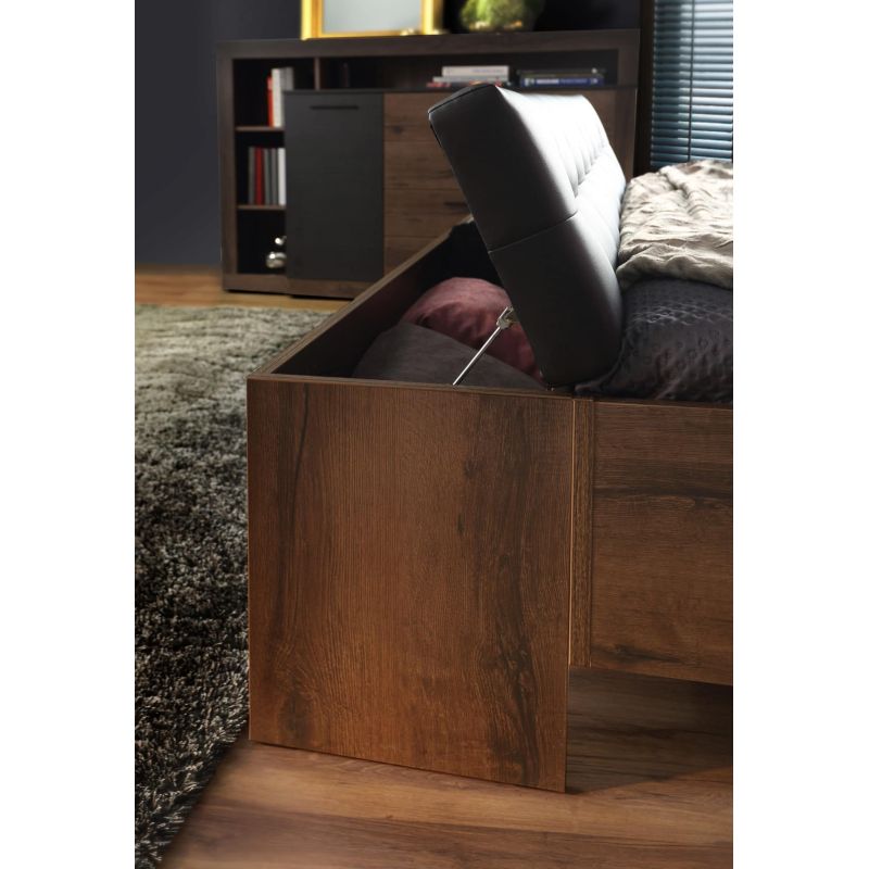 Banc coffre L185 cm décor chêne foncé assise capitonnée noir - RIVIERA