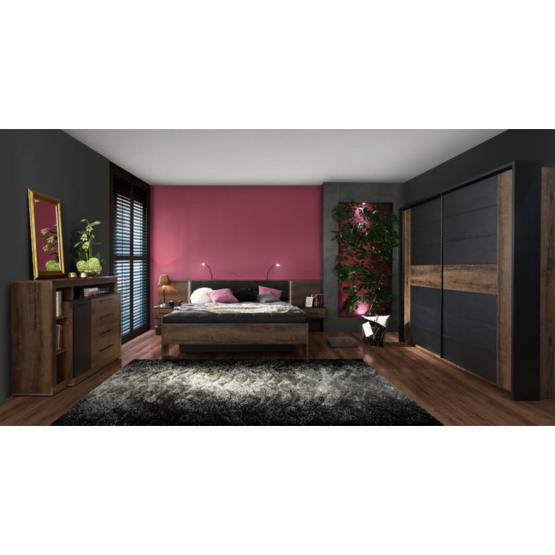 Banc coffre L185 cm décor chêne foncé assise capitonnée noir - RIVIERA