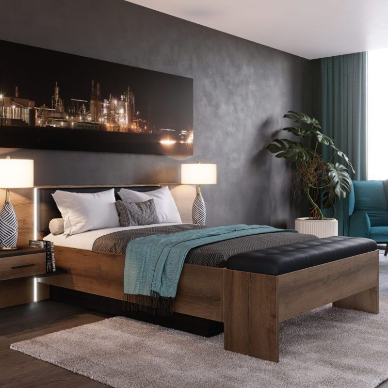 Banc coffre L165 cm décor chêne foncé assise capitonnée noir - RIVIERA