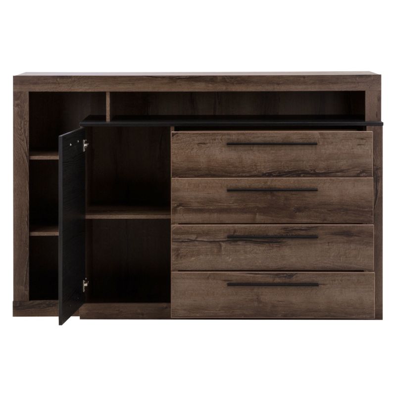 Commode 4 tiroirs 1 porte décor chêne foncé et noir - RIVIERA