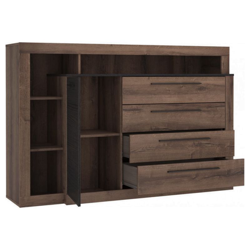 Commode 4 tiroirs 1 porte décor chêne foncé et noir - RIVIERA