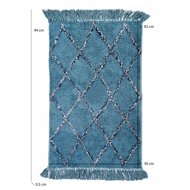 Tapis de Salle de Bain Rectangulaire 50 x 90 cm en Coton Bleu avec Motifs Losanges et Franges - Style Berbère - FLUFFY