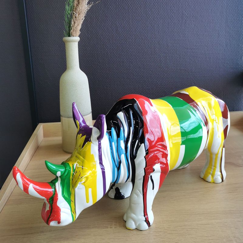 Statue rhinocéros avec coulures multicolores H24 cm - RHINO DRIPS 02