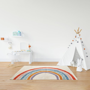 Tapis Rectangulaire 90 x 150 cm en Coton Shaggy avec Grand Arc-en-ciel Multicolore - Chambre Enfant - NOÉ
