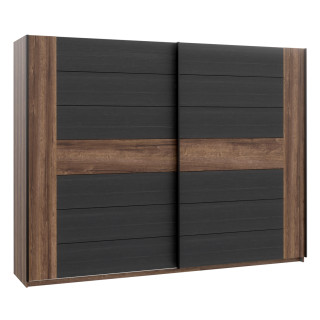Armoire Dressing 2 Portes Coulissantes 1 Miroir Revêtement Décor Chêne Foncé et Noir - RIVIERA