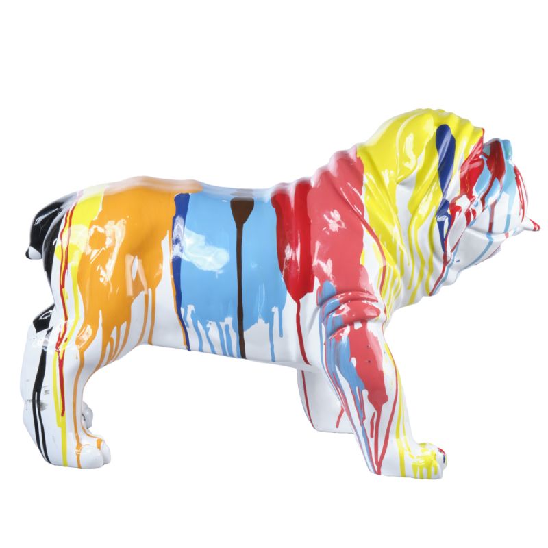 Statue chien avec coulures peintures multicolores H38 cm - BULLDOG 03