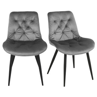 Lot de 2 Chaises Rembourrées et Capitonnées en Velours Gris avec Piètement en Métal Noir - Design Contemporain - STAN