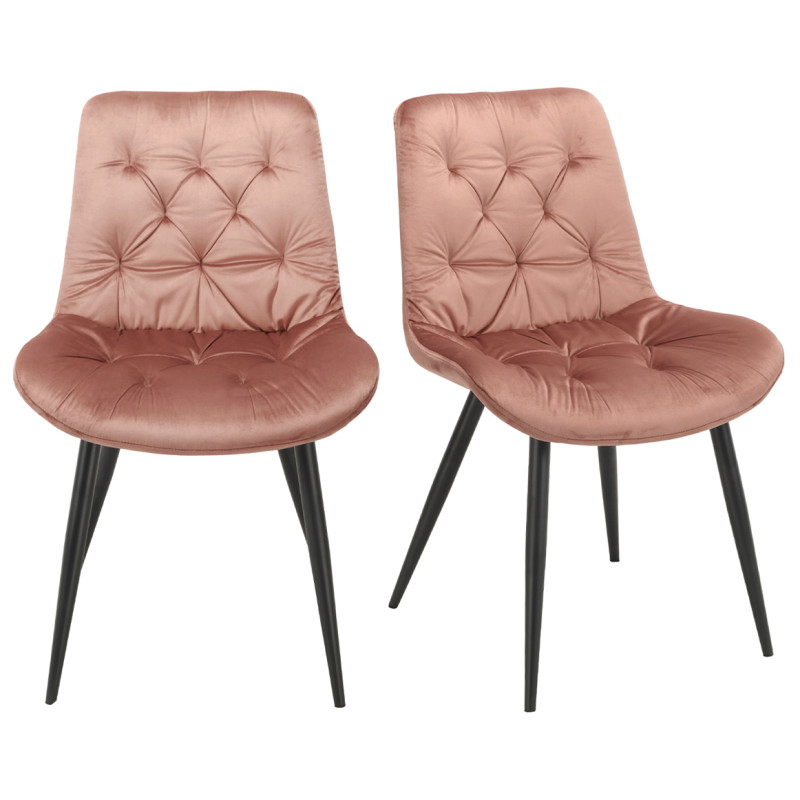 Lot de 2 Chaises Rembourrées et Capitonnées en Velours Rose avec Piètement en Métal Noir - Design Contemporain - STAN